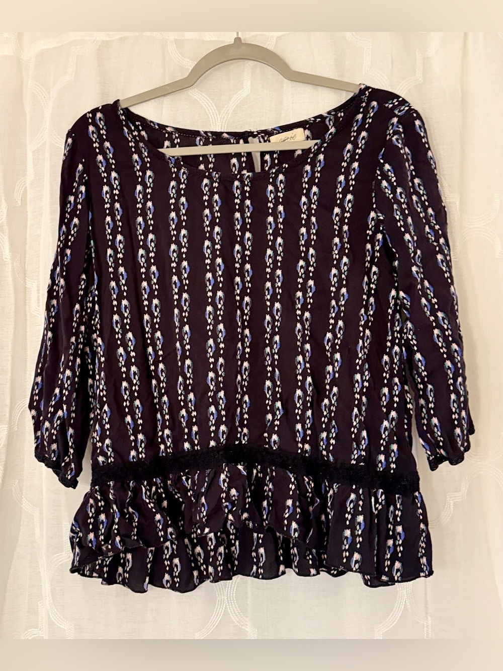 Aerie Large Navy Boho Print Ruffle Hem Peplum Blouse